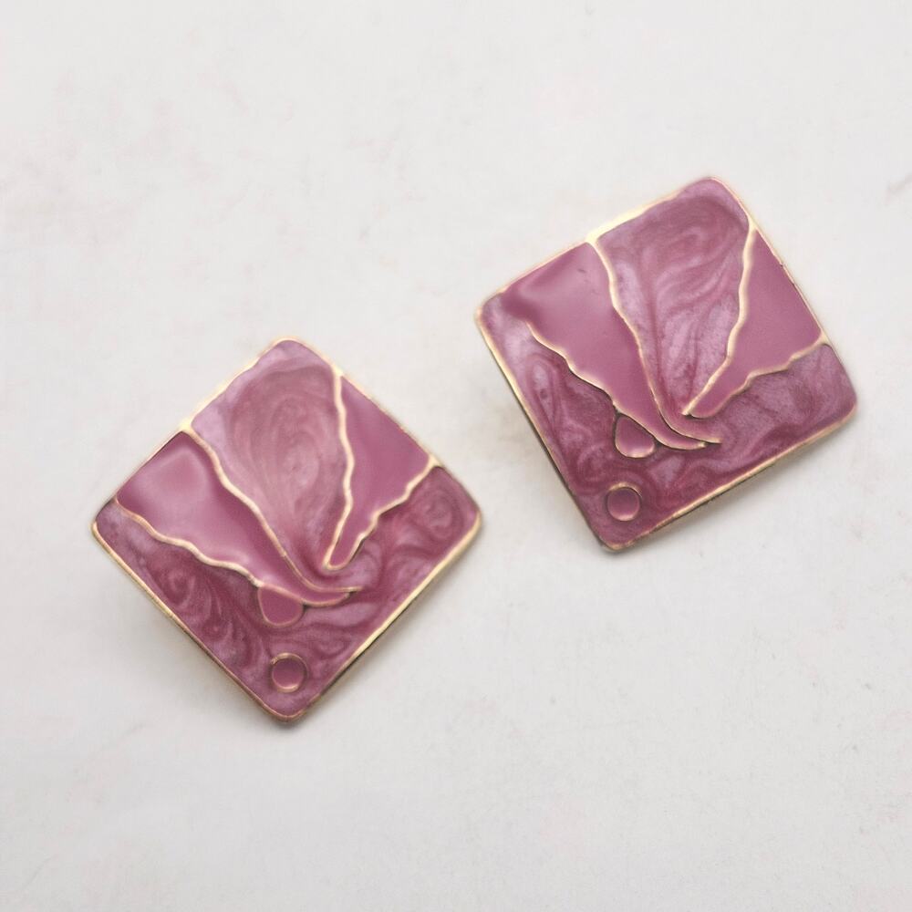 Pink Enamel Rectangle Stud Earrings Gold Tone Abstract Floral Pierced Retro Pair